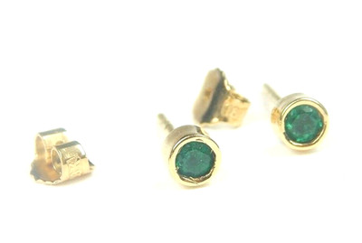 Colombian Emerald Stud Earrings Round .22 Cts 18K Yellow Gold Fine Jewelry Muzo