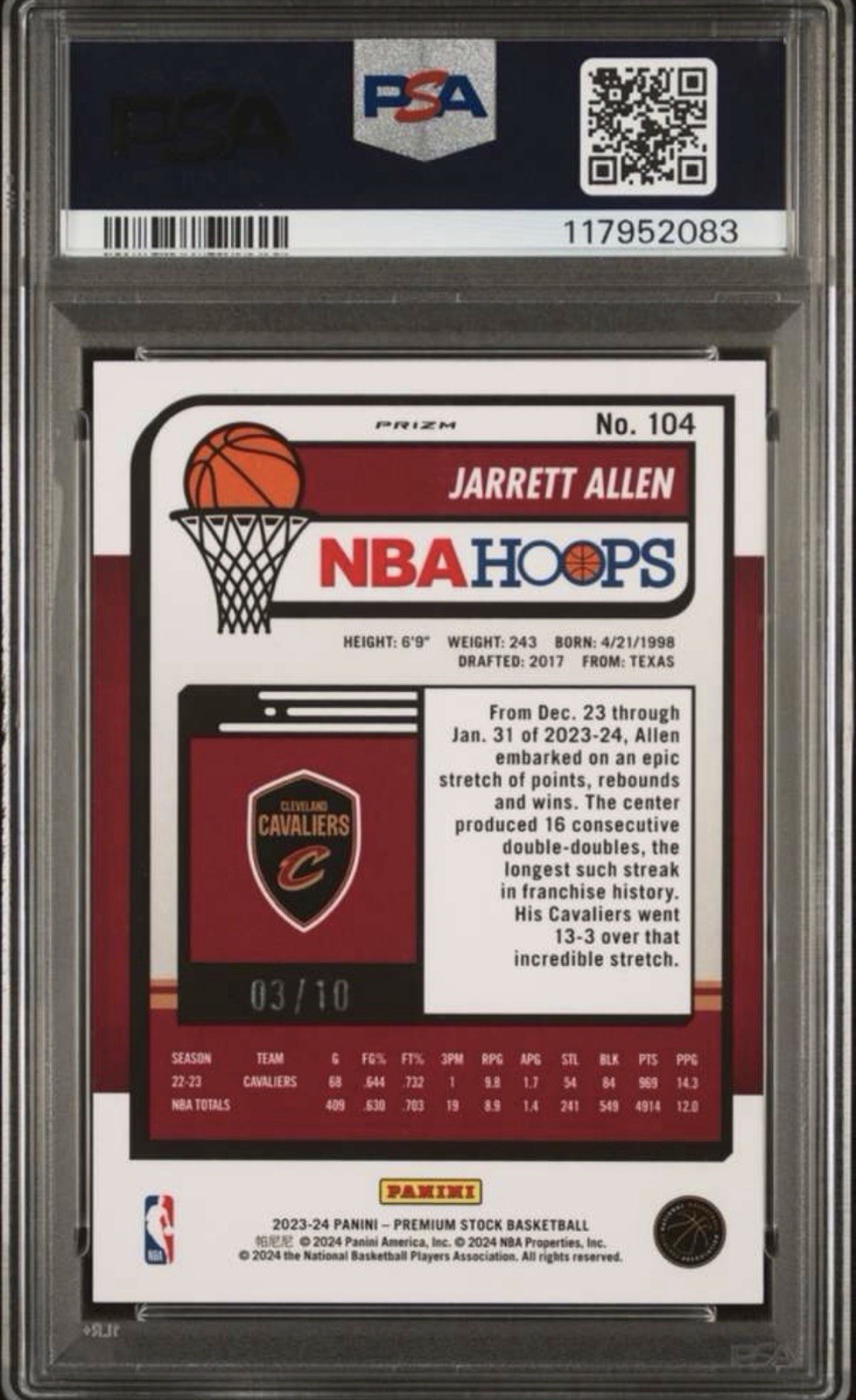Panini 2023-24 Hoops Jarrett Allen Gold Ice Prizm #104 /10 PSA 10 view 2