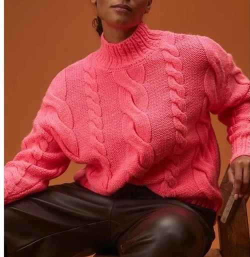 Suéter Anthropologie Para Mujer 1X Cuello Simulado Tejido con Cable Rosa Brillante Grueso Tejido Foto 2 de 4