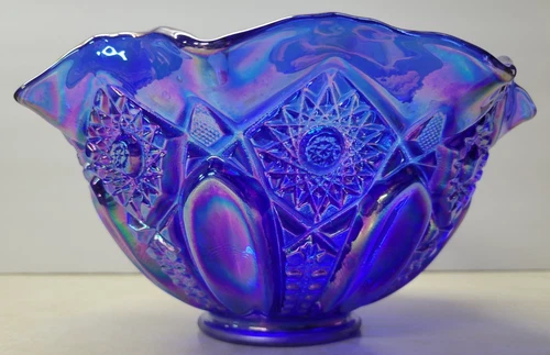 Vintage LE Smith Quintec Blue Carnival Glass 10"x4.5" Bowl Stunning!