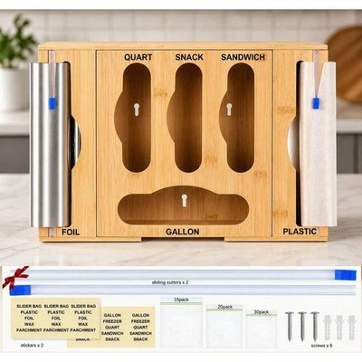 Bamboo Ziplock Bag Storage Organizer Kitchen Drawer Foil Plastic Wrap Dispense