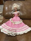 Vintage Barbie Doll Handmade Crocheted Knit Ball Gown Dress With Flowers ~ Pink