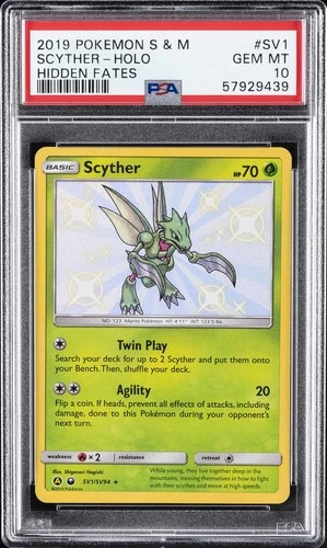 2019 POKEMON SUN & MOON HIDDEN FATES #SV1 SCYTHER-HOLO PSA 10