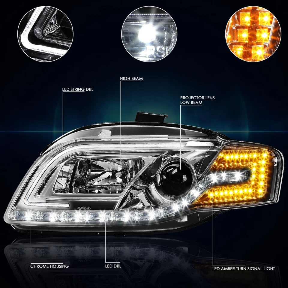 Fit For Audi A4/S4 2005-2008 LED DRL+Turn Signal Projector Headlight/Lamp Chrome Foto 2 de 4
