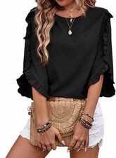 Damen Casual Chiffon Bluse Tops 3/4 Rüschenärmel V-Ausschnitt Loose Fit Blu4696