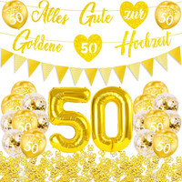 Goldene Hochzeit Deko Set - Luftballons, Banner, Girlande, Zahl 50 Gold, Konfett