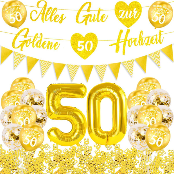 Goldene Hochzeit Deko Set - Luftballons, Banner, Girlande, Zahl 50 Gold, Konfett-image