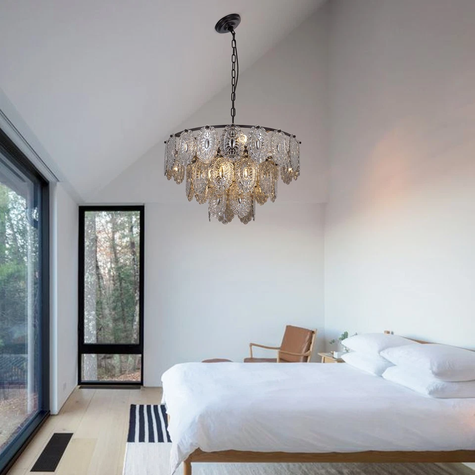 24" Modern Black Chandeliers 8-Lights Smoke Gray Glass Ceiling Pendant Lamp - Image 4 of 4