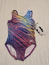 NWT, GK Gymnastics Leotard STATIC HOLOTEK Ombre Rainbow Fade Print, Size CS