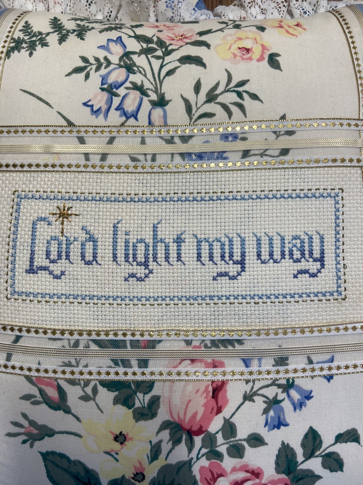 1980s VTG Ruffled Lace Shabby Chic Throw Pillow Lord Light My Way Needlepoint