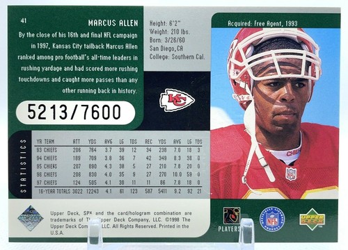 1998 SPX Finite Football Marcus Allen Cards #41 UD 2X Base Chiefs HOF x2 /7600 - Foto 5 di 5