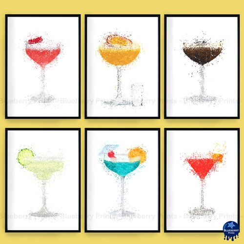 Drink and Cocktail Prints Splatter Art Poster Home Bar Decor A5 A4 A3 (Set 5) - Picture 1 of 7