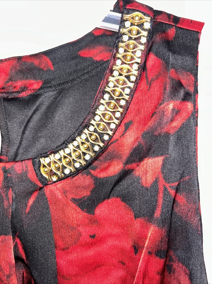 AB Studio Woman Size 1X Blouse Shirt Floral Red Black Christmas Jewelry Neck - Image 3 of 4