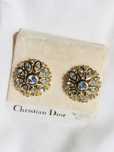 Scatola firmata fiore borchie vintage Christian Dior Swarovski cristallo 14k post posteriore - Foto 3 di 8