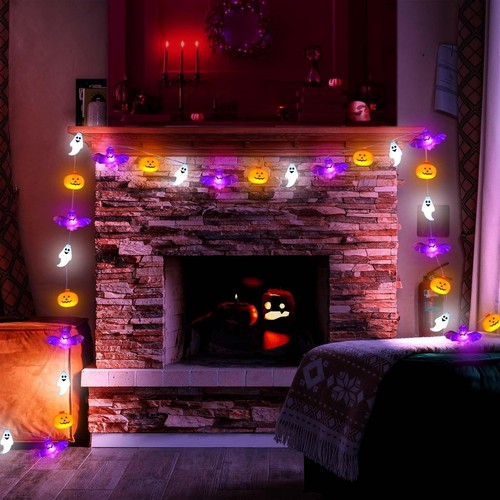 Halloween String Lights 16.4ft 30 Led Pumpkin Bat Ghost Battery Operated Orange - Picture 5 of 9