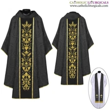 NEW BLACK Gothic Vestment & Stole Set with Embroidery, Chasuble, Casulla, Casel
