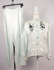 VTG Womens 50s Blue Silk Japanese Satin Embroidered Pajamas 2 Pc Set S/M 1950s