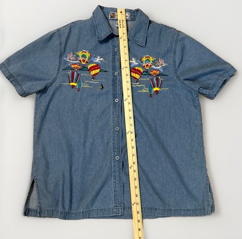 VTG Passion Button Up Chambray Jean Shirt Womens L Cotton Blue Hot Air Balloons - Picture 9 of 11