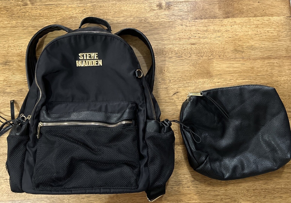 Steve Madden Backpack Large Black Logo w/ Pouch Nylon PU Top 