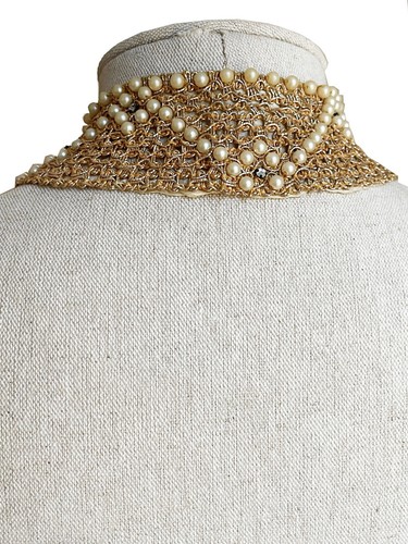 Vintage Necklace Collar Hand-Crocheted Beaded Gold Pearl Rhinestone Blue Bead - Picture 7 of 12