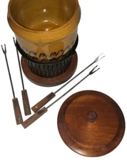 Fondue Set, Made In Japan, Brown Pottery Wood And Metal 