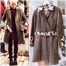 Italian Brown Distressed Leather Knee Lenght Coat With Belt Pony Hair Collar, M