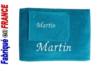 Serviette + gant de toilette personnalisé ou drap de bain NEUF Ref.Bleu canard - Photo 1/4