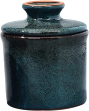 Pottery Butter Keeper Crock - Ceramic Dish with Water Line for Countertop, Blue