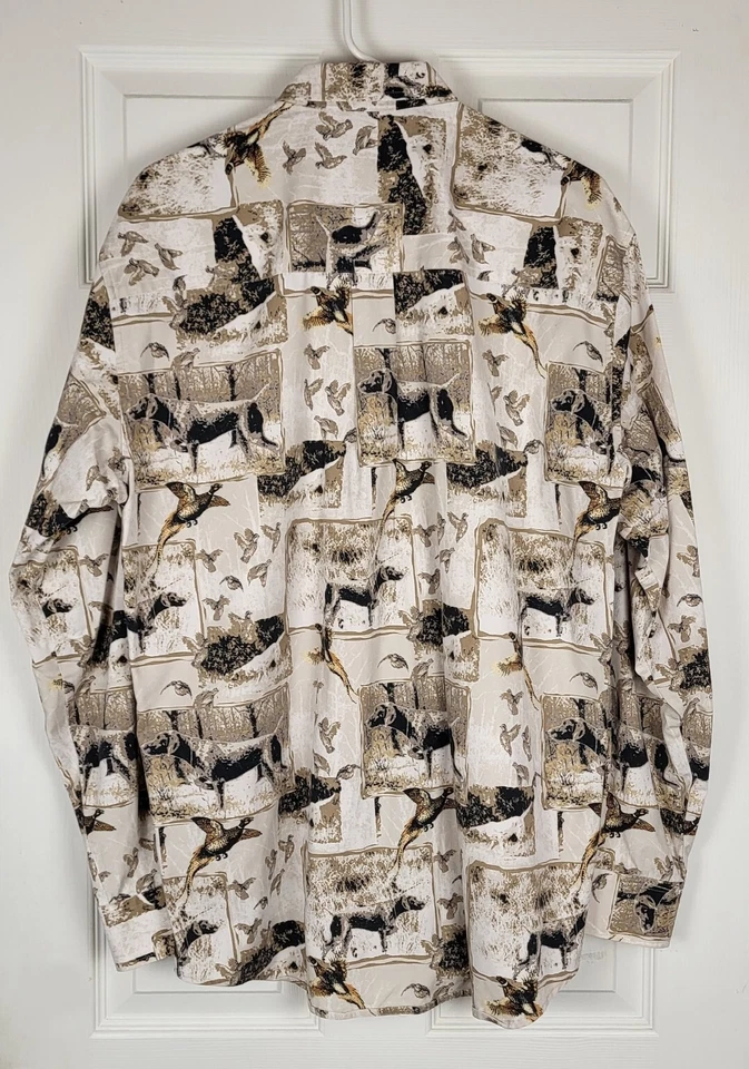 Vtg Pheasant Bird Hunting Dog All Over Print Mens Large Tall Button Down Shirt - Image 2 of 4
