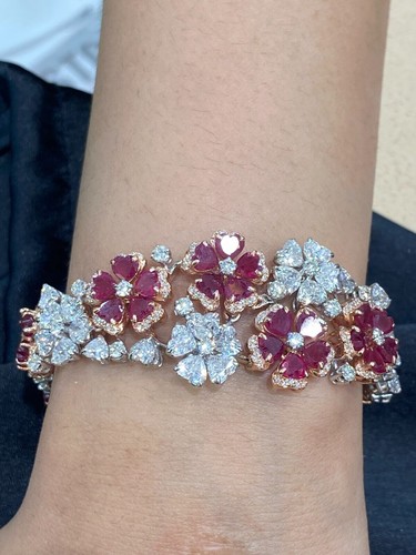 Classy 31.38 Cts Heart Round Shape Diamonds Ruby Tennis Bracelet 14K Two... - Picture 12 of 14