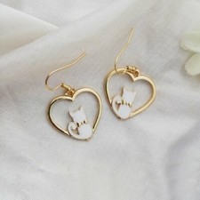 Cute New Yellow Gold Enamel White Cat in Heart Charm Hook Dangle Drop Earrings