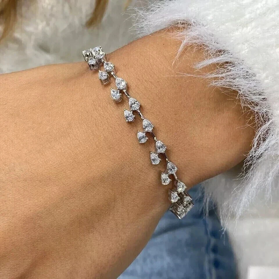 Linda pulseira de tênis feminina de pera folheada a ouro branco 14K 8 quilates simulada de diamante - Imagem 3 de 4