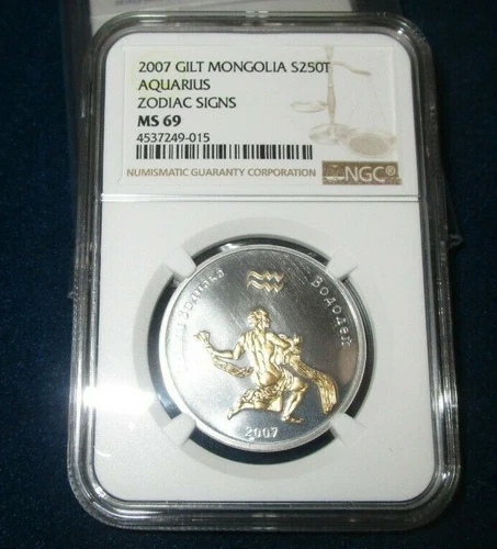 Mongolia 250t Aquarius Zodiac 24kt gold .925 silver 1/2 oz coin 2007 NGC MS69 