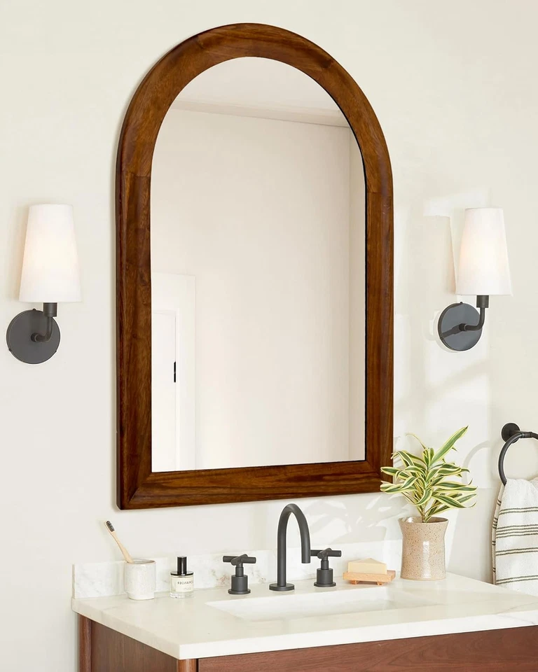 Arched Bathroom Mirror 24X36 Inch, Walnut Brown Wood Framed Arch Mirror for Livi - Image 2 of 4