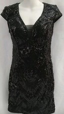 Entry Mini Pencil Dress Small Women Black Sequins Short Cap Sleeve Open Back