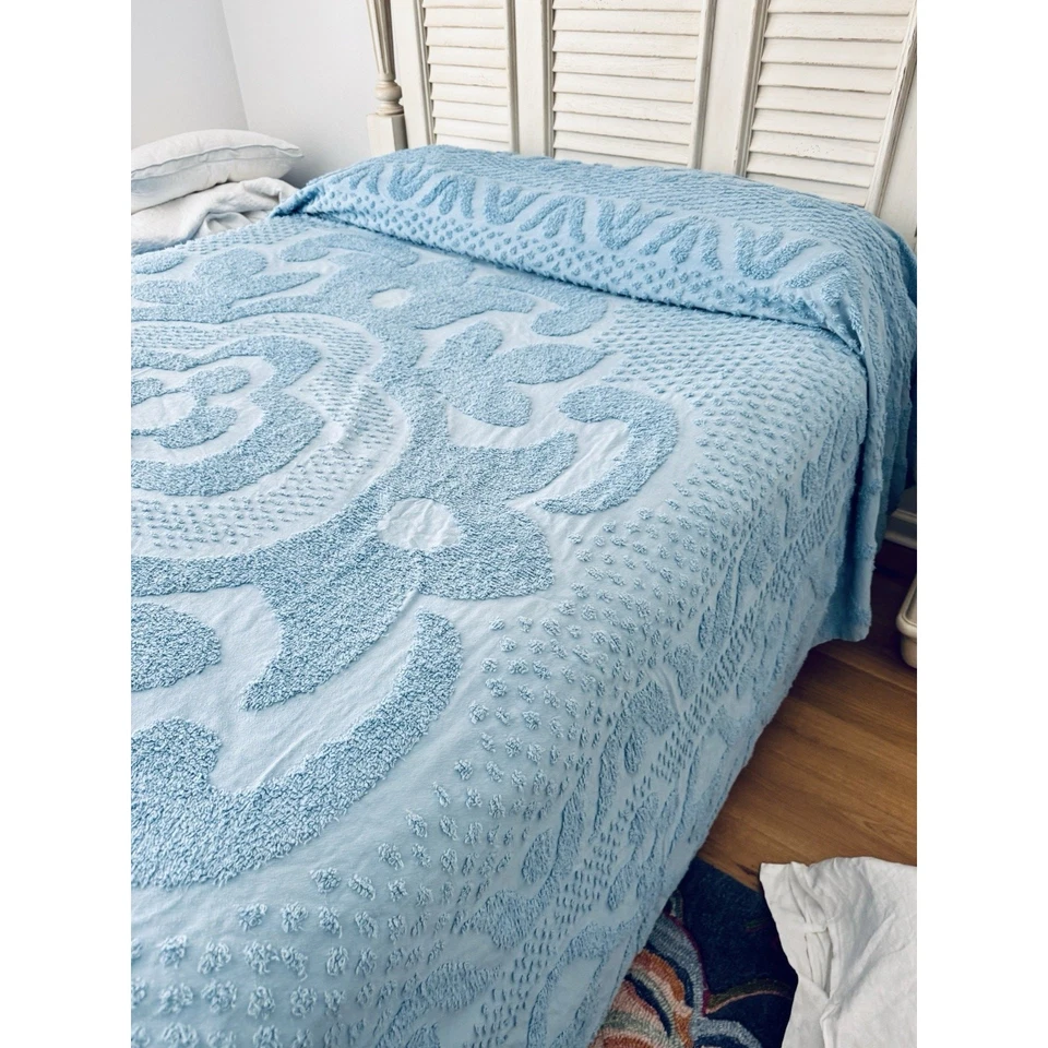 Винтажный синий хлопок шениль королевский размер покрывало впечатляющий - Изображение 2 из 4