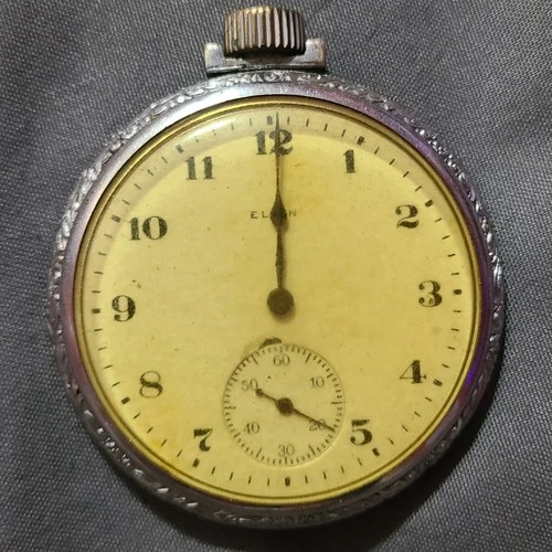 Elgin Antique Silver Pocket Watch Subdial Mechanical Arabic Numerals Vintage