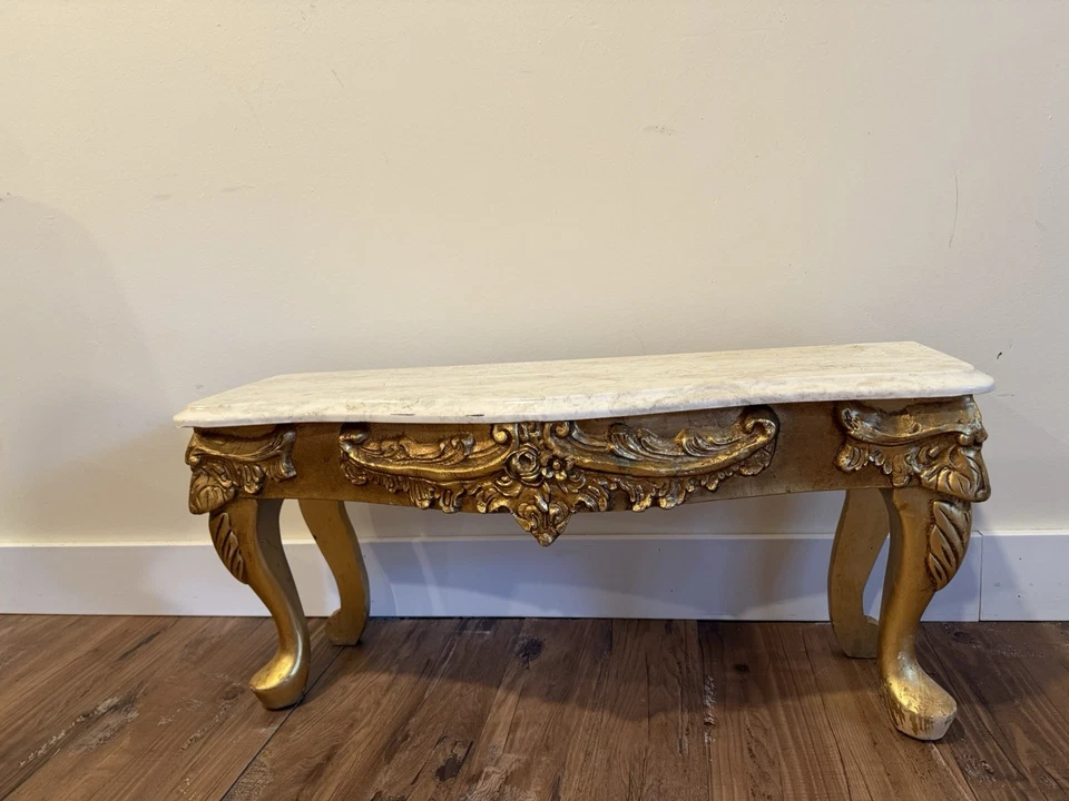 VNT Louis XV/Baroque Style Low Ornate Carved Gold Console Table With Marble Top - Image 2 of 4