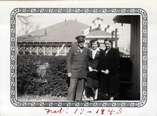 WW2 Photo of Army Soldier with Two Women by House Entrance