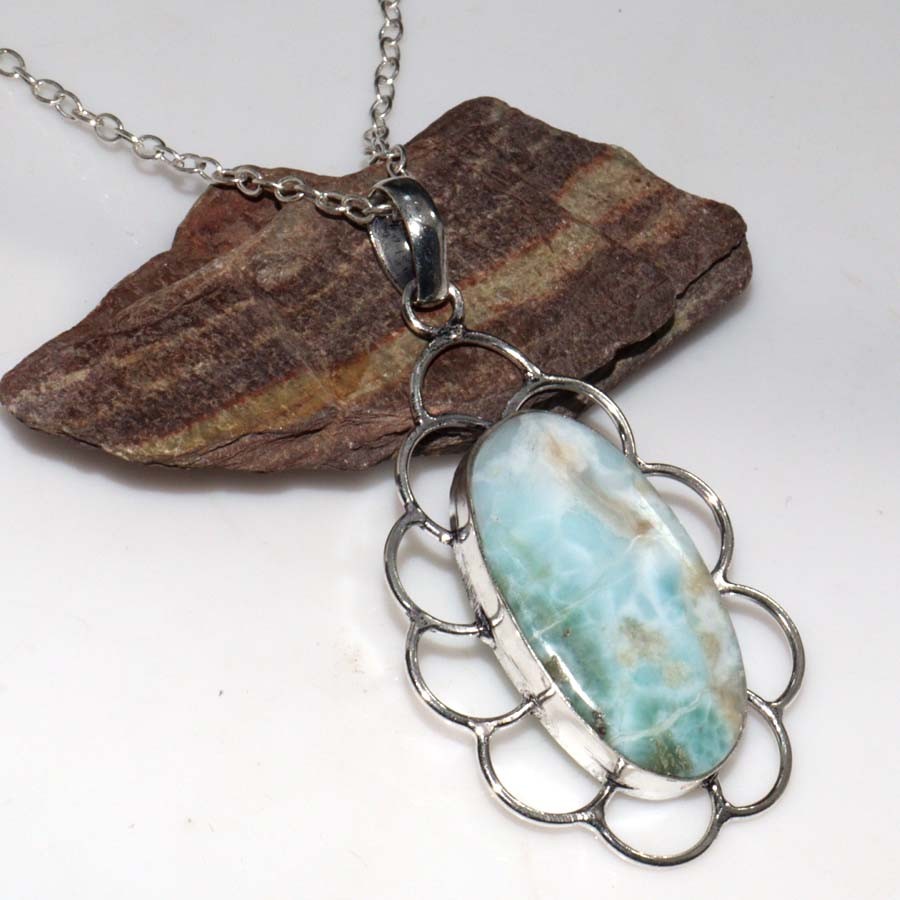 925 Silver Plated Pretty Larimar Necklace 18" Under 10 Dollar Gift Trendy GW