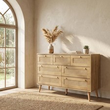 Manila Oak & PVC Rattan Chest of 7 Drawers Bedroom Storage Furniture