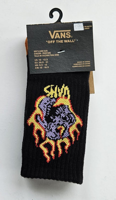 VANS Off The Wall Boys Socks Size 10-13.5 Black Flames Cotton Blend NEW