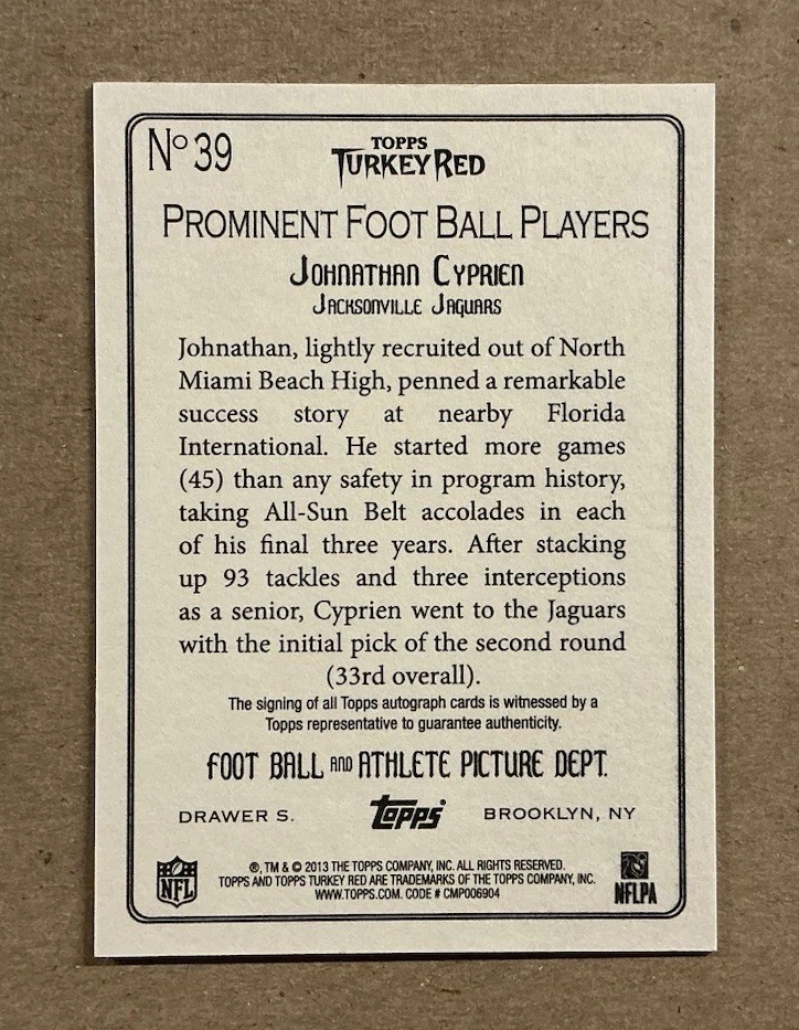 2013 Topps Turkey Red #39 Jonathan Cyprien RC Auto Jacksonville Jaguars - Image 2 of 2