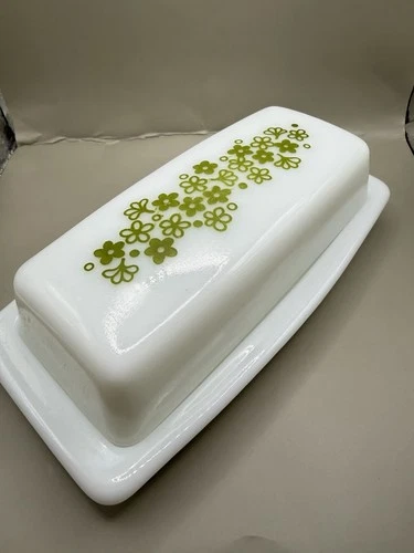 VTG PYREX Butter Dish Spring Blossom Wht Green Crazy Daisy Milk Glass 72B 1970s