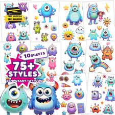 Tattoos for Kids - 10 Sheets Cute Monster Temporary Tattoo, Waterproof Fake Stic