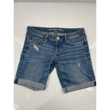 American Eagle Stretch Denim Midi Shorts Medium Wash Distressed Cuffed Size 4