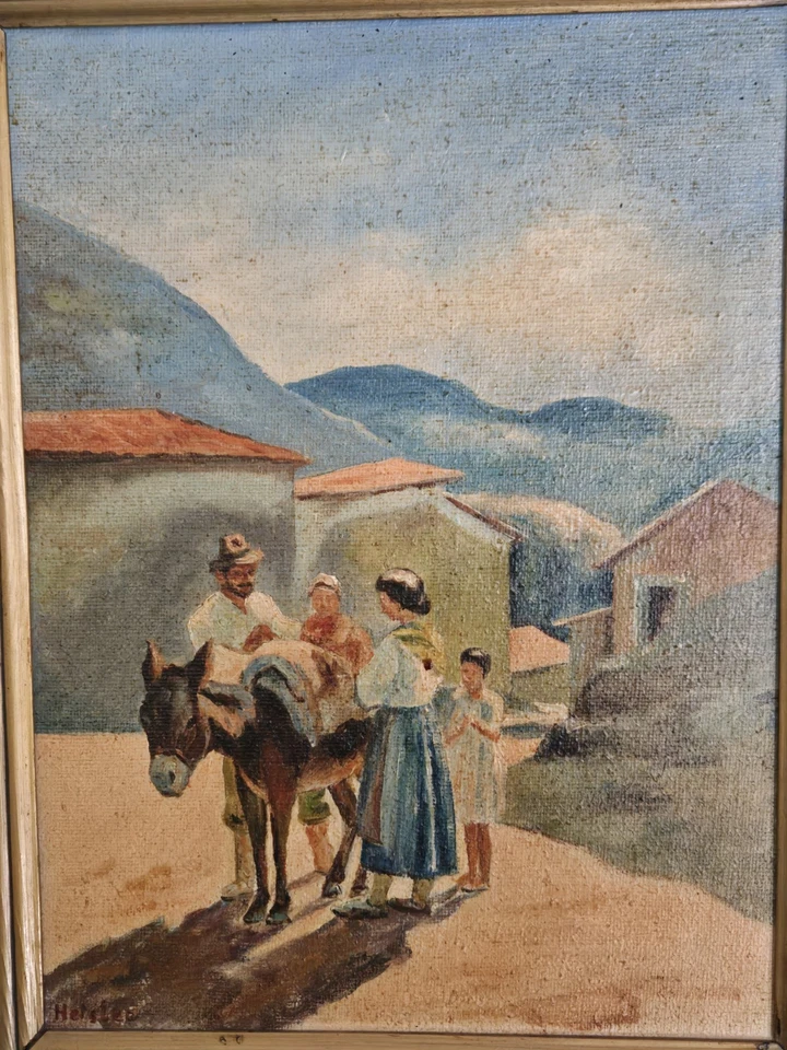 Antigua pintura al óleo paisaje europeo antiguo burro casas italianas impresionismo  Foto 2 de 4