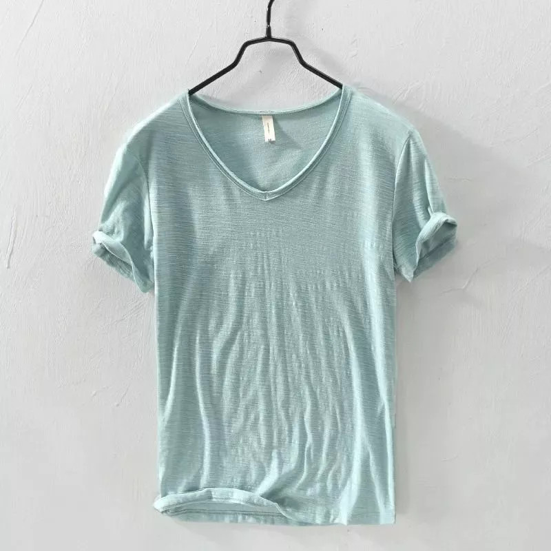 Camiseta Hombre Verde Agua Cuello En V V Neck Suave Casual Estival CF-T001