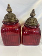 Lot Of 2 - Apothecary Style Ruby Red Glass Jars W/ Brown Lids Ribbed Canister