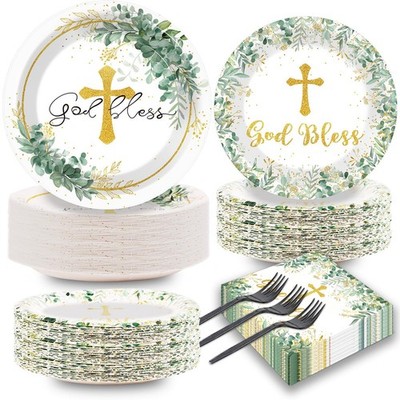 200 PCS God Bless Baptism Plates Napkins First Holy Communion Party Serves 50